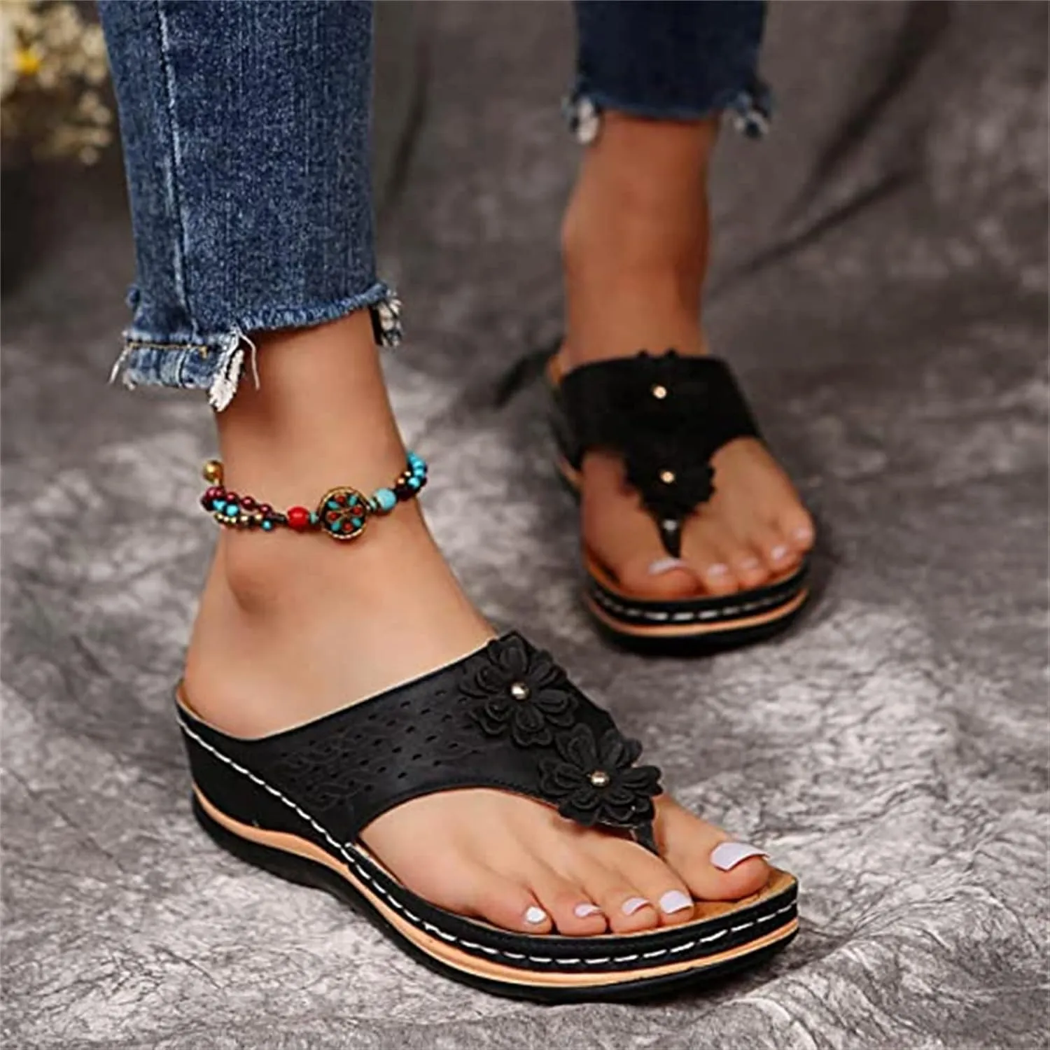 Ladmiple Sandals Women Comfortable Cute Wedge Orthopedic Arch Support Flip Flops Dressy Summer Walking Orthotic Slides Shoes