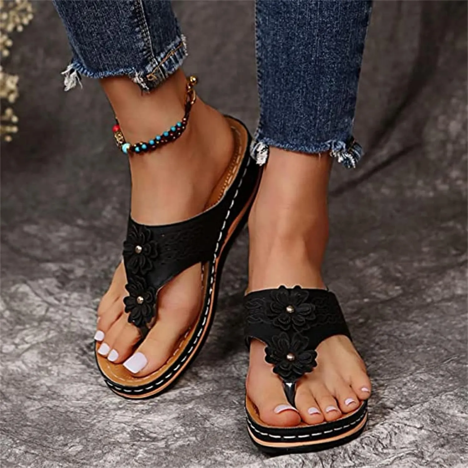 Ladmiple Sandals Women Comfortable Cute Wedge Orthopedic Arch Support Flip Flops Dressy Summer Walking Orthotic Slides Shoes
