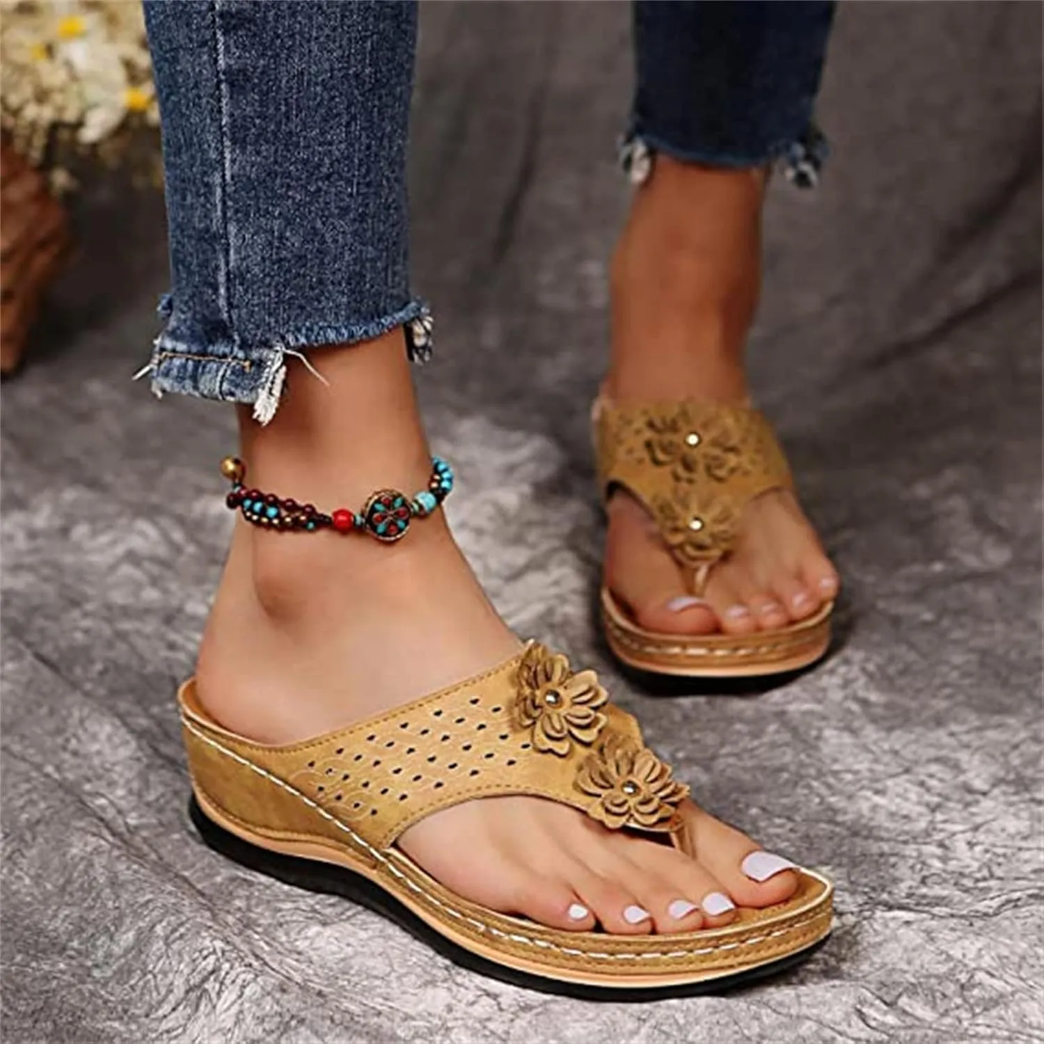 Ladmiple Sandals Women Comfortable Cute Wedge Orthopedic Arch Support Flip Flops Dressy Summer Walking Orthotic Slides Shoes