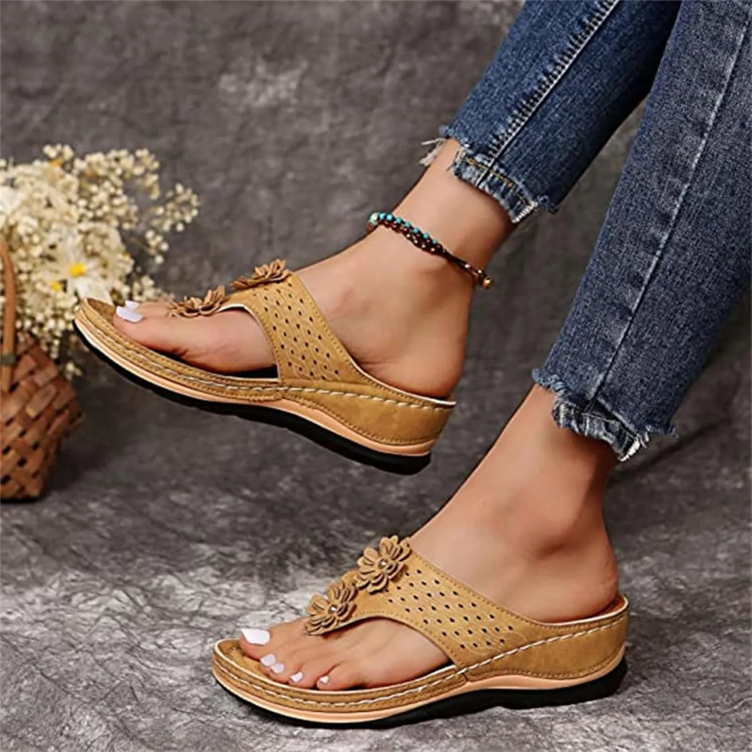 Ladmiple Sandals Women Comfortable Cute Wedge Orthopedic Arch Support Flip Flops Dressy Summer Walking Orthotic Slides Shoes