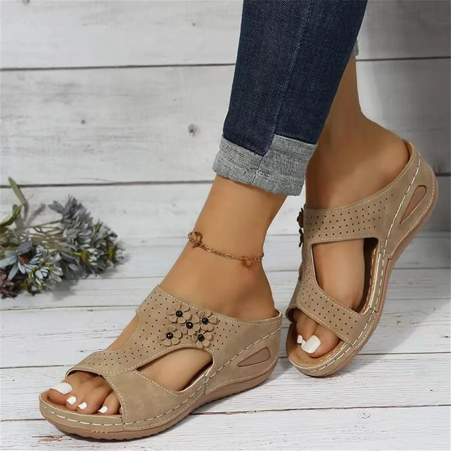 Ladmiple Sandals Women Wedge Low Heel Comfort Orthotic Walking Slides Open Toe Arch Support Summer Orthopedic Flip Flops