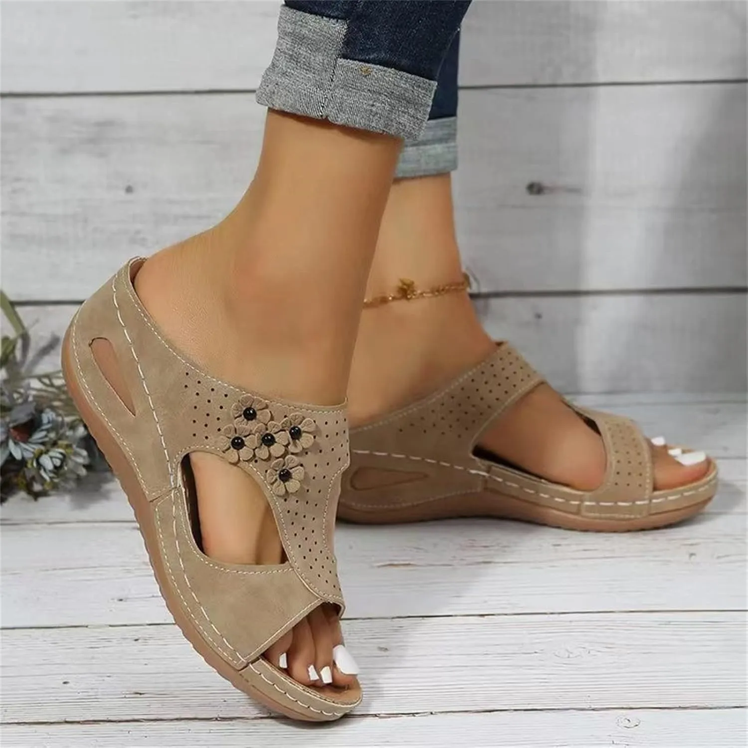 Ladmiple Sandals Women Wedge Low Heel Comfort Orthotic Walking Slides Open Toe Arch Support Summer Orthopedic Flip Flops
