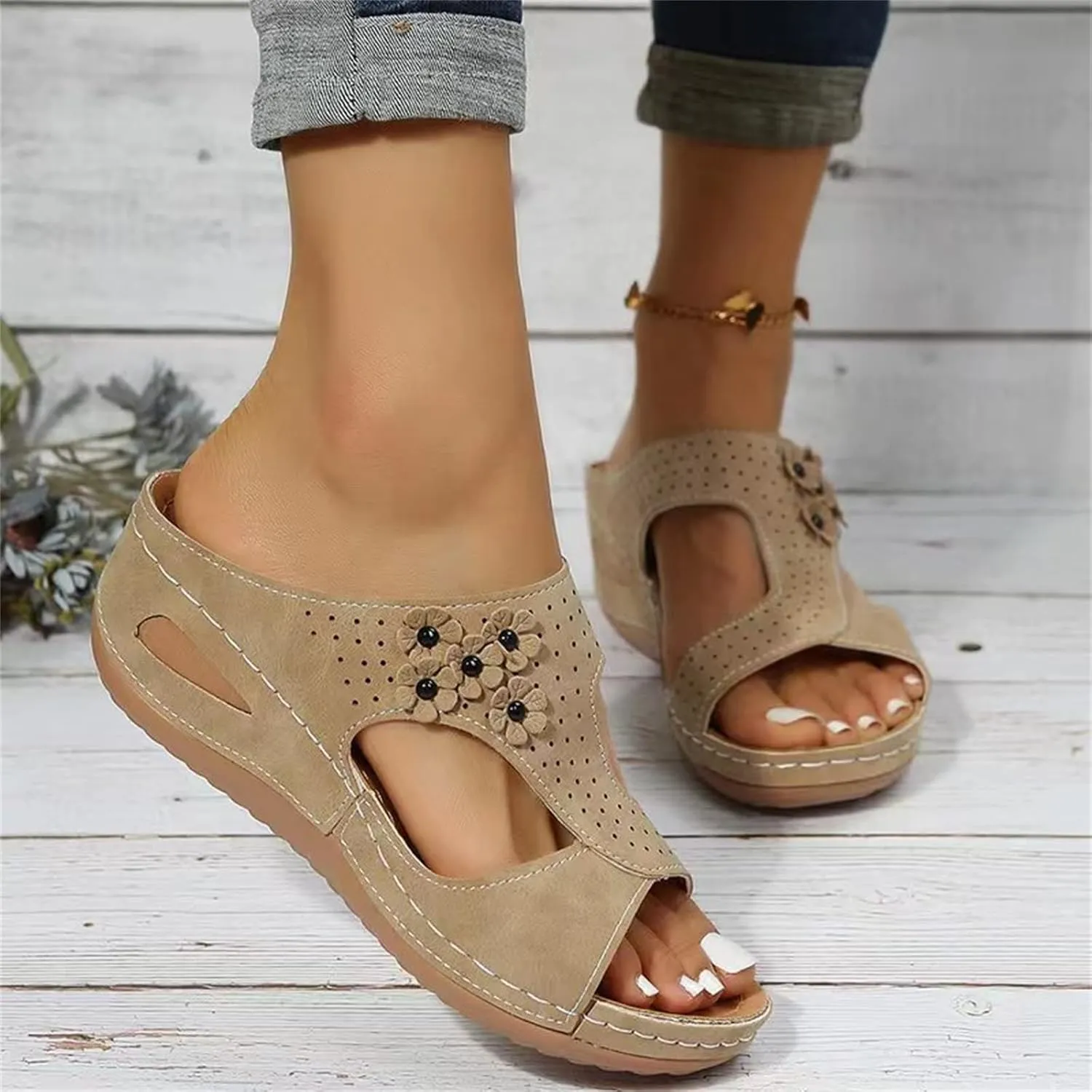 Ladmiple Sandals Women Wedge Low Heel Comfort Orthotic Walking Slides Open Toe Arch Support Summer Orthopedic Flip Flops