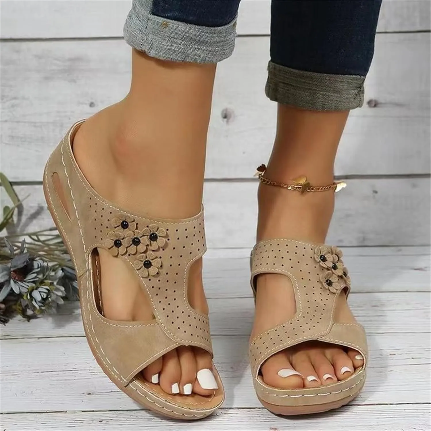 Ladmiple Sandals Women Wedge Low Heel Comfort Orthotic Walking Slides Open Toe Arch Support Summer Orthopedic Flip Flops