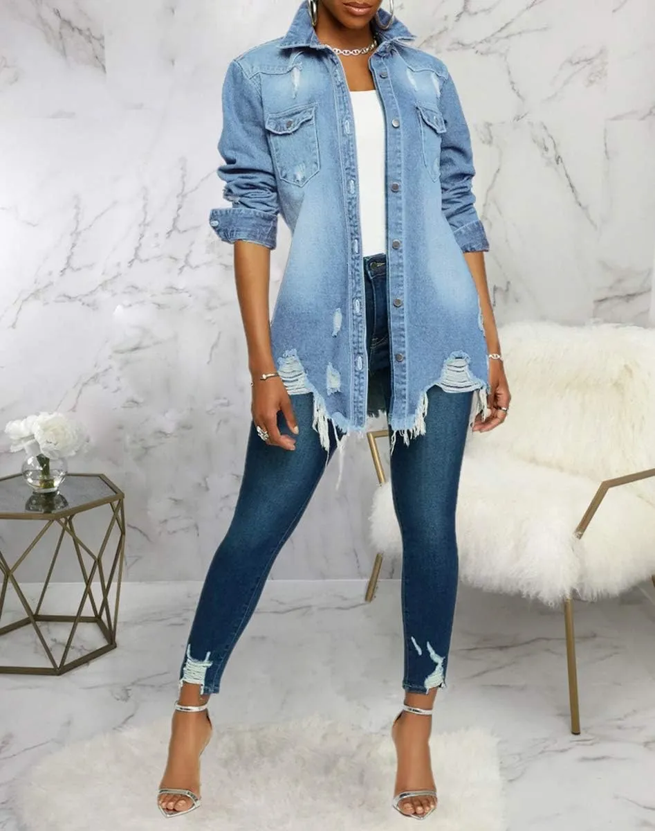 LaiyiVic Denim Jacket for Women Winter Long Sleeve Classic Distressed Butterfly Jean Trucker Jackets