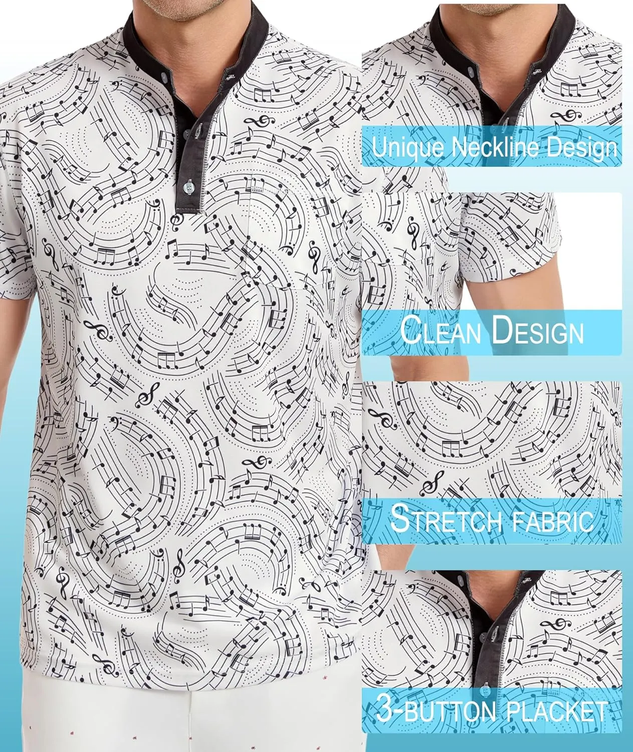 LARSD Men's Henley Shirt Short Sleeve Button Up Stand Collar Casual T-Shirt Top