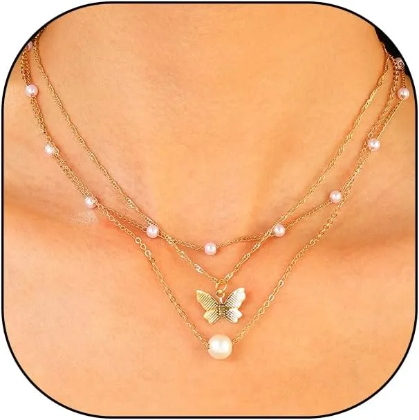 Layered Butterfly Pearl Pendant Necklace Set for Women Trendy 14k Gold Chain Choker Necklaces Stackable Link Bead Necklaces Jewelry Gift
