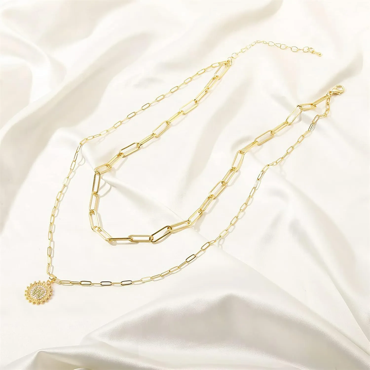 Layered Choker Necklaces for Women, 14K Gold Plated Layering Paperclip Chain Simple Choker Necklace, Adjustable Coin Pendant Necklace Gold Layered Necklaces for Women Jewelry Gifts