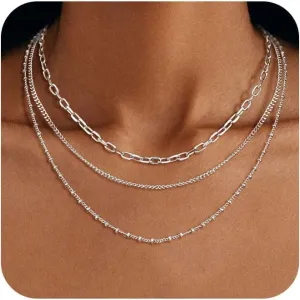 Layered Gold Necklaces for Women, Stackable Dainty 14K Gold Silver Plated Simple Satellite Cuba Figaro Paperclip Chain Necklace Trendy Choker Necklace Gold Jewelry Set Gifts for Women