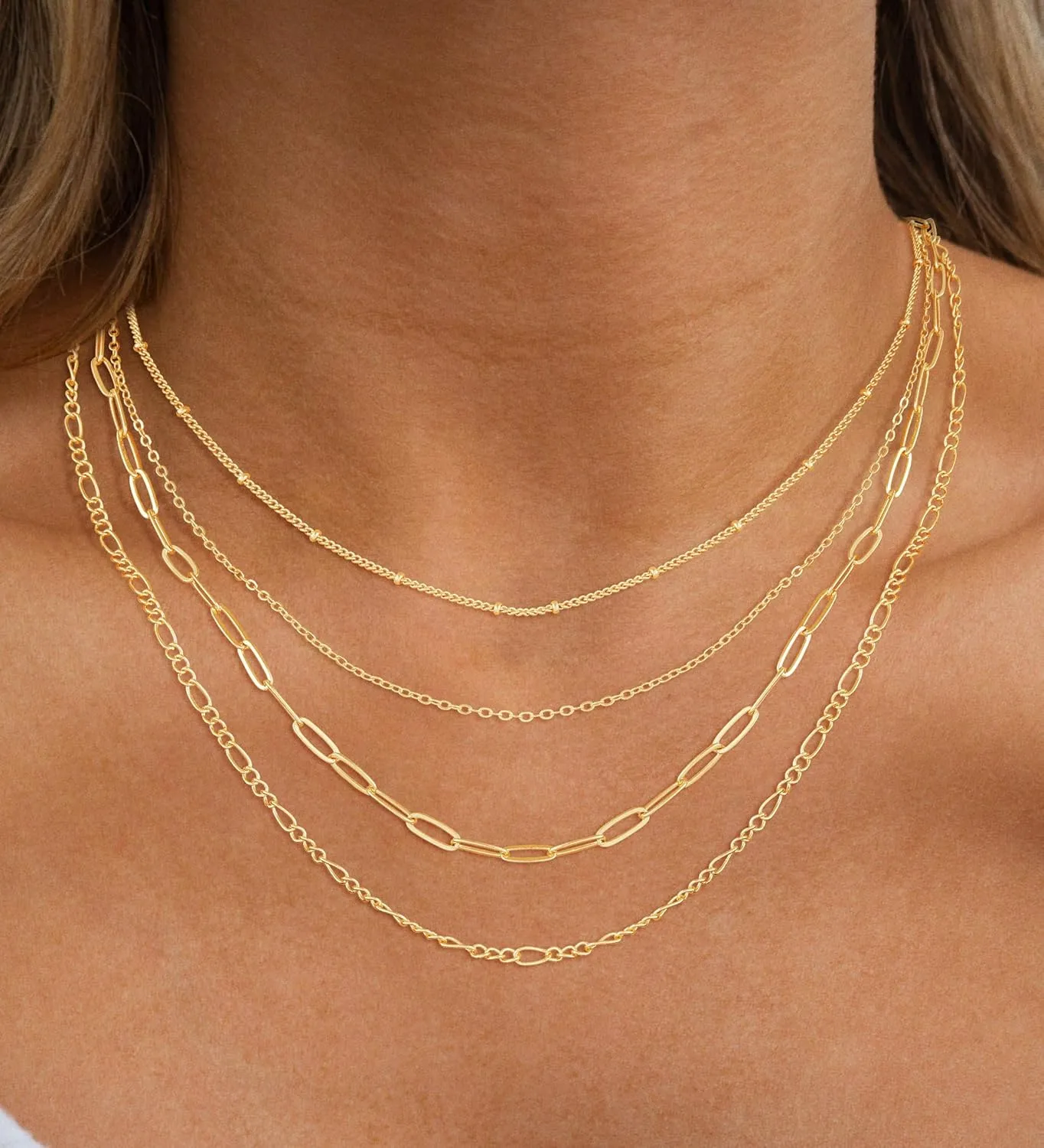 Layered Gold Necklaces for Women, Stackable Dainty 14K Gold Silver Plated Simple Satellite Cuba Figaro Paperclip Chain Necklace Trendy Choker Necklace Gold Jewelry Set Gifts for Women