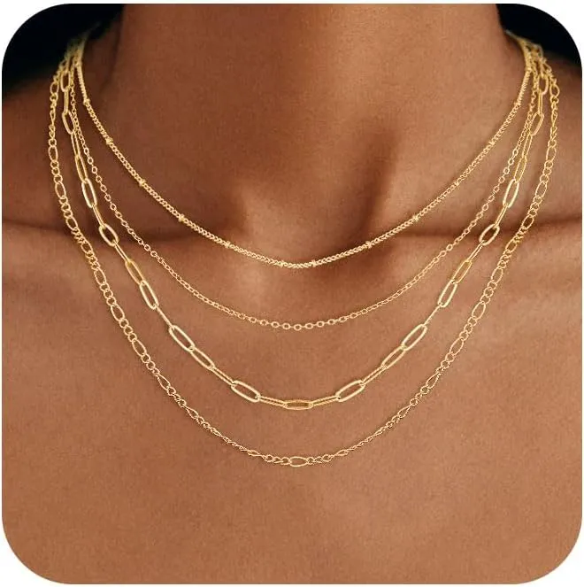Layered Gold Necklaces for Women, Stackable Dainty 14K Gold Silver Plated Simple Satellite Cuba Figaro Paperclip Chain Necklace Trendy Choker Necklace Gold Jewelry Set Gifts for Women