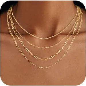 Layered Gold Necklaces for Women, Stackable Dainty 14K Gold Silver Plated Simple Satellite Cuba Figaro Paperclip Chain Necklace Trendy Choker Necklace Gold Jewelry Set Gifts for Women