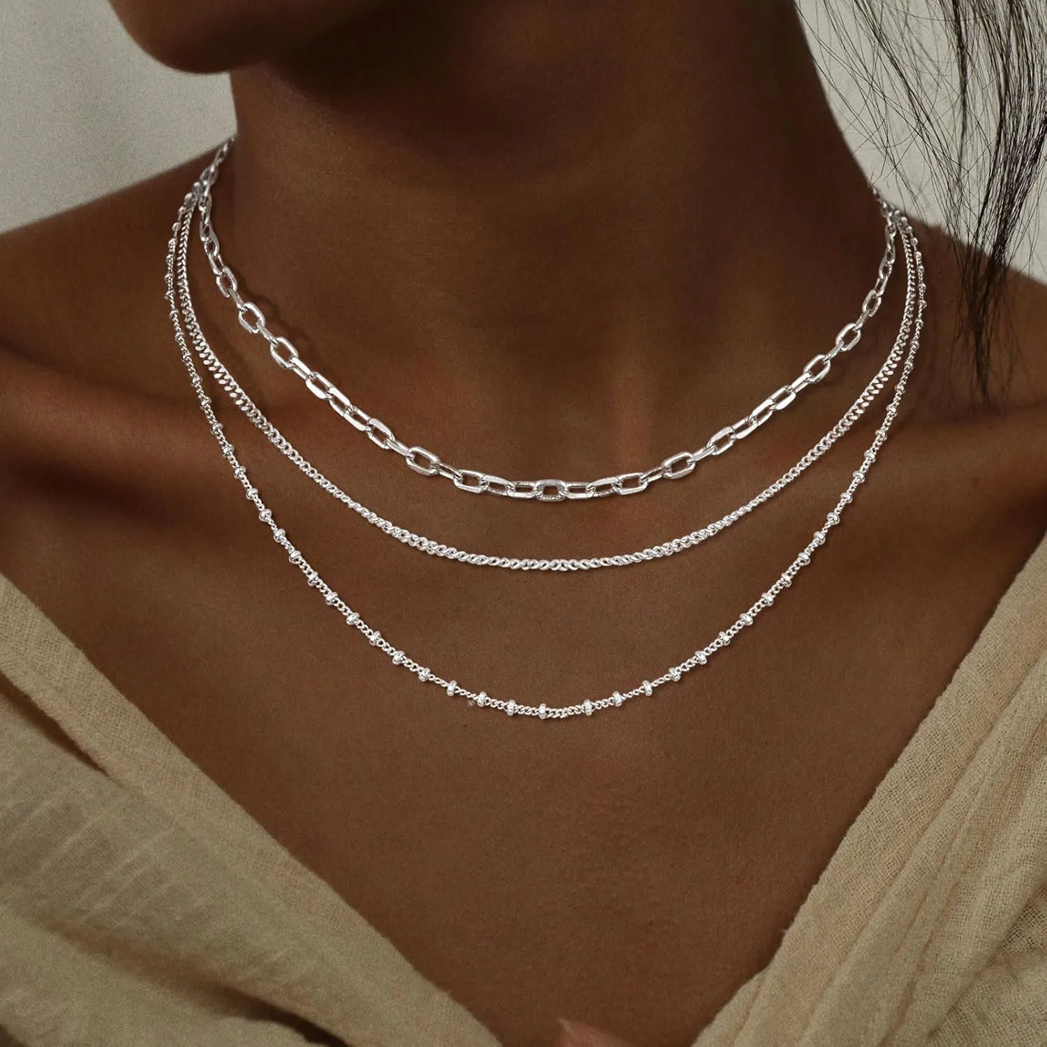 Layered Gold Necklaces for Women, Stackable Dainty 14K Gold Silver Plated Simple Satellite Cuba Figaro Paperclip Chain Necklace Trendy Choker Necklace Gold Jewelry Set Gifts for Women
