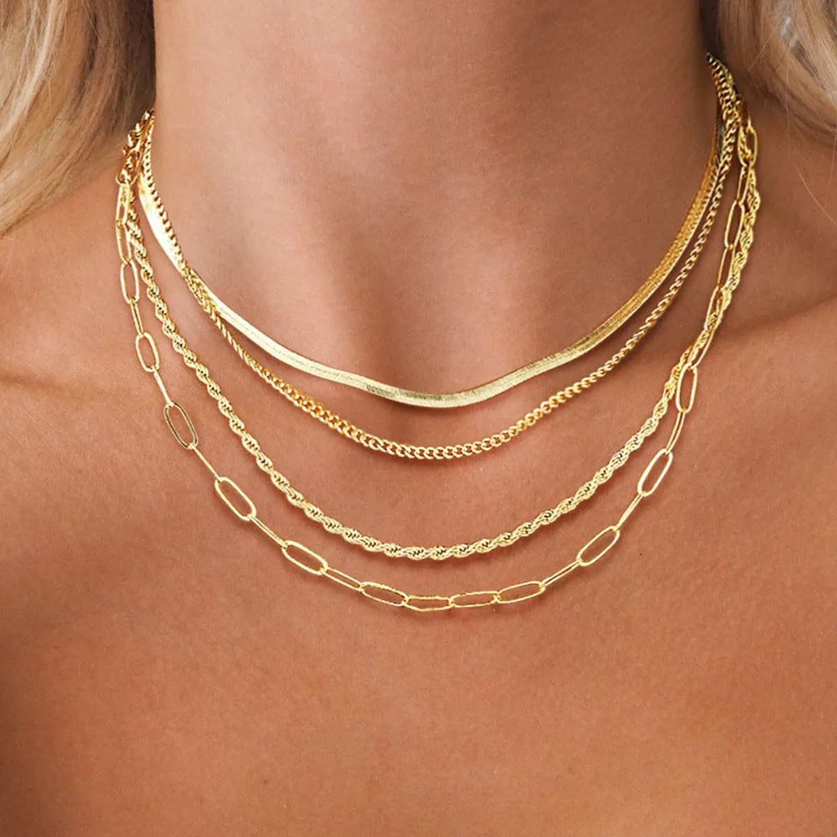 Layered Gold Necklaces for Women, Stackable Dainty 14K Gold Silver Plated Simple Satellite Cuba Figaro Paperclip Chain Necklace Trendy Choker Necklace Gold Jewelry Set Gifts for Women