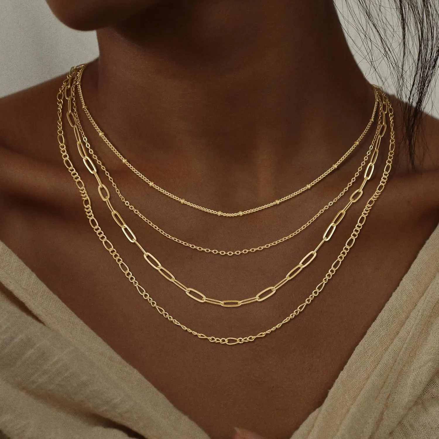 Layered Gold Necklaces for Women, Stackable Dainty 14K Gold Silver Plated Simple Satellite Cuba Figaro Paperclip Chain Necklace Trendy Choker Necklace Gold Jewelry Set Gifts for Women