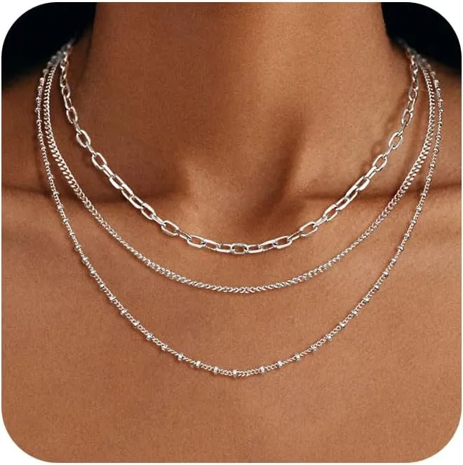 Layered Gold Necklaces for Women, Stackable Dainty 14K Gold Silver Plated Simple Satellite Cuba Figaro Paperclip Chain Necklace Trendy Choker Necklace Gold Jewelry Set Gifts for Women