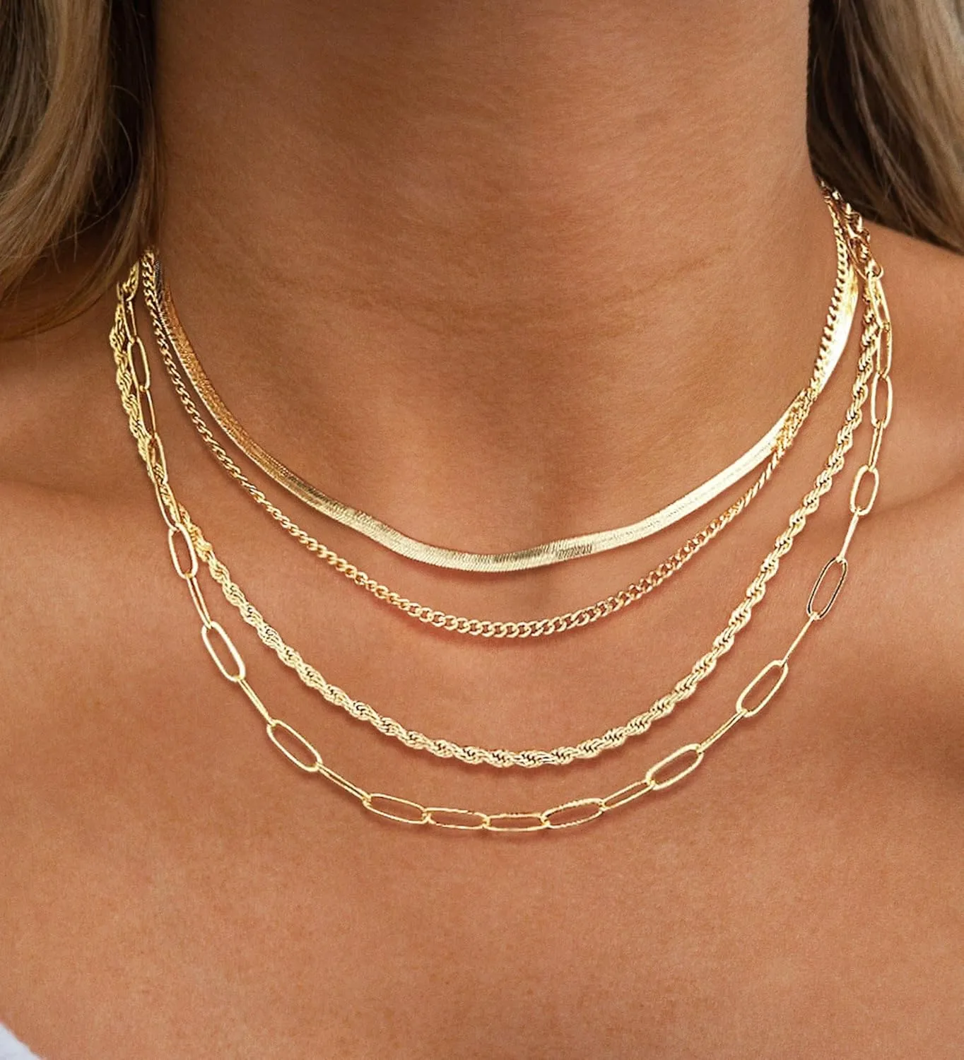 Layered Gold Necklaces for Women, Stackable Dainty 14K Gold Silver Plated Simple Satellite Cuba Figaro Paperclip Chain Necklace Trendy Choker Necklace Gold Jewelry Set Gifts for Women