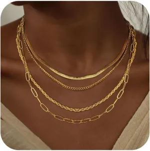 Layered Gold Necklaces for Women, Stackable Dainty 14K Gold Silver Plated Simple Satellite Cuba Figaro Paperclip Chain Necklace Trendy Choker Necklace Gold Jewelry Set Gifts for Women