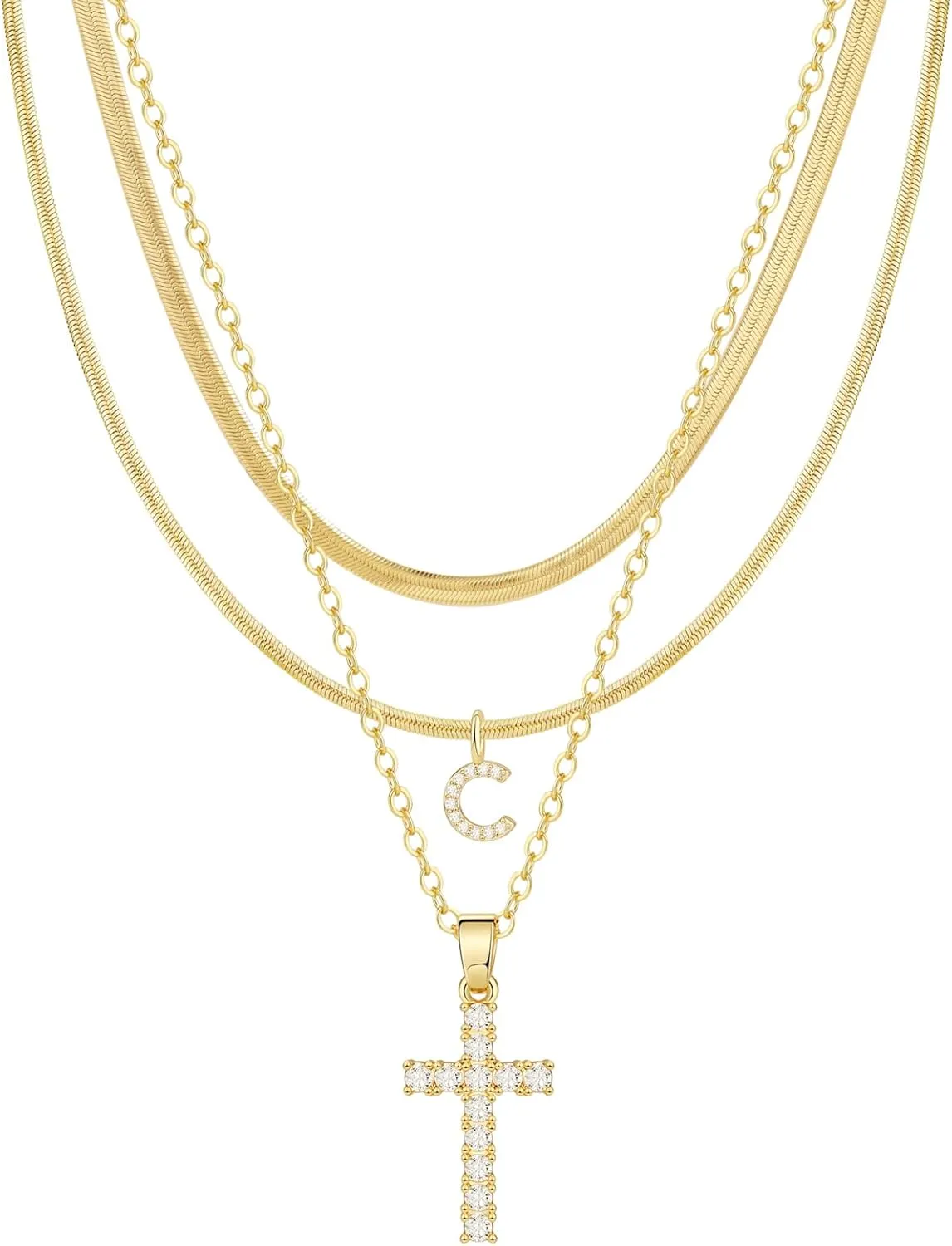 Layered Gold Necklaces for WomenStackable 14K Gold Plated Tiny Initial Necklaces Simple CZ Cross necklace Dainty Layered Necklace Different Length Pendant Necklace Gold Jewelry Set for Women