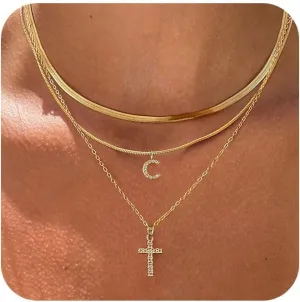 Layered Gold Necklaces for WomenStackable 14K Gold Plated Tiny Initial Necklaces Simple CZ Cross necklace Dainty Layered Necklace Different Length Pendant Necklace Gold Jewelry Set for Women
