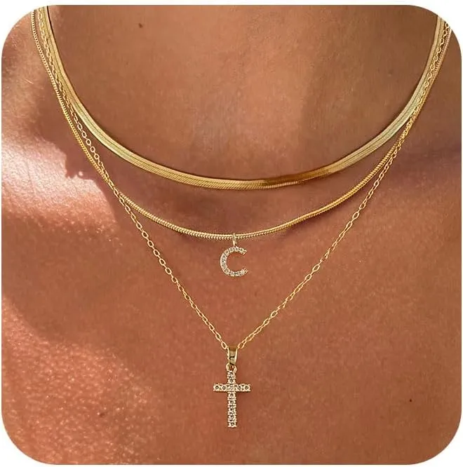 Layered Gold Necklaces for WomenStackable 14K Gold Plated Tiny Initial Necklaces Simple CZ Cross necklace Dainty Layered Necklace Different Length Pendant Necklace Gold Jewelry Set for Women