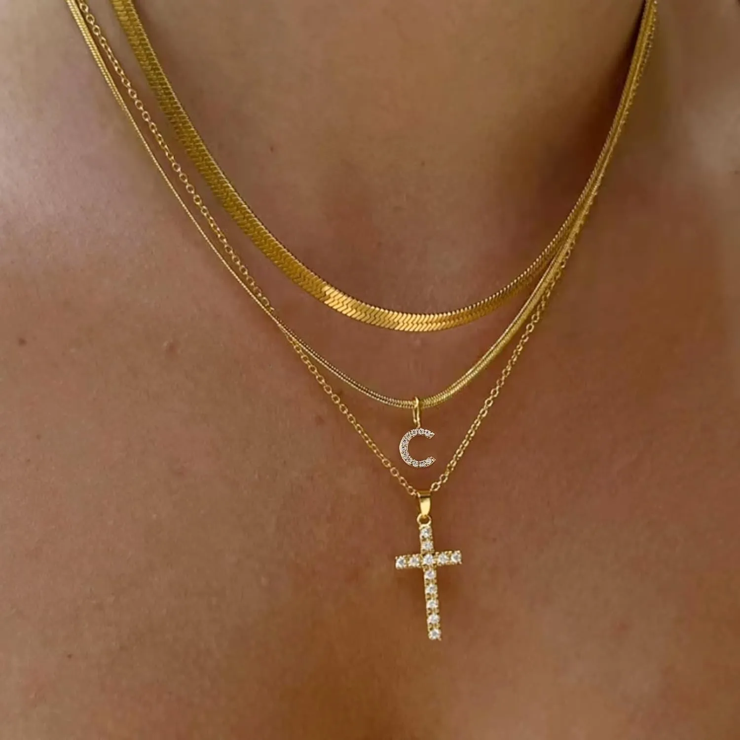 Layered Gold Necklaces for WomenStackable 14K Gold Plated Tiny Initial Necklaces Simple CZ Cross necklace Dainty Layered Necklace Different Length Pendant Necklace Gold Jewelry Set for Women