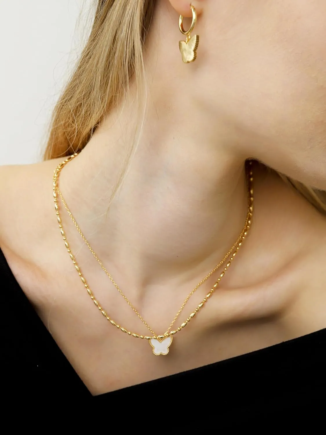 Layered Necklaces for Women 14K Gold Plated Dainty Gold Necklace Lucky Clover Heart Butterfly Pendant Jewelry Gift