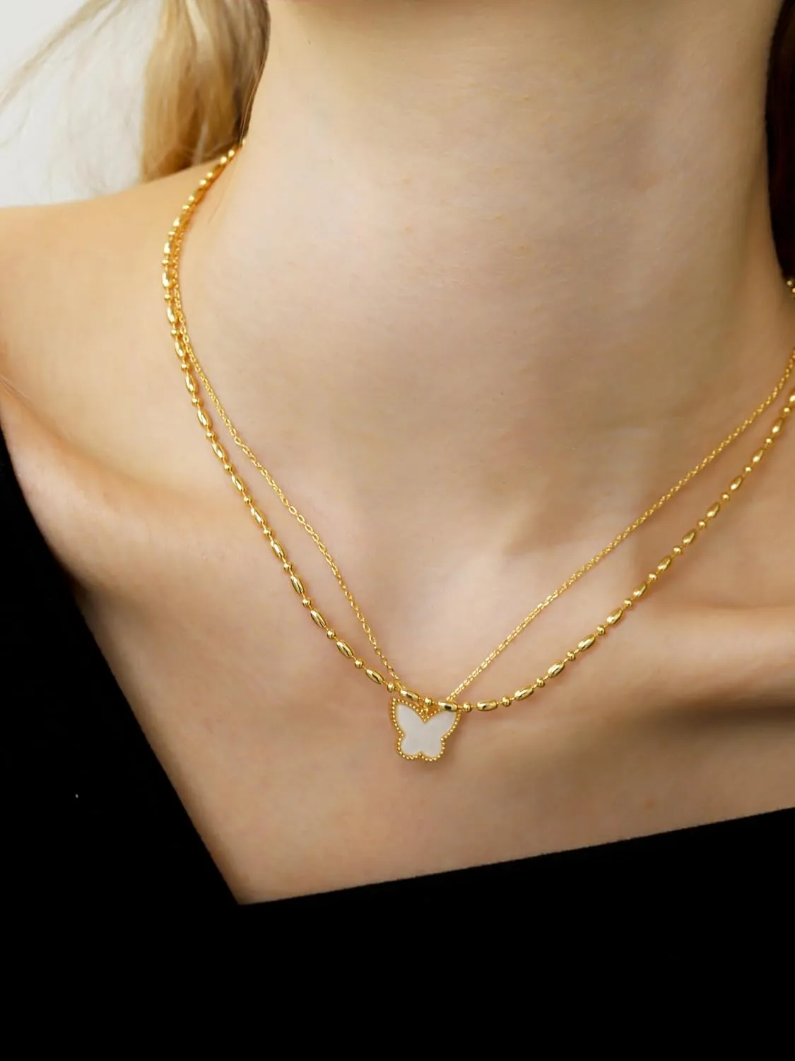 Layered Necklaces for Women 14K Gold Plated Dainty Gold Necklace Lucky Clover Heart Butterfly Pendant Jewelry Gift