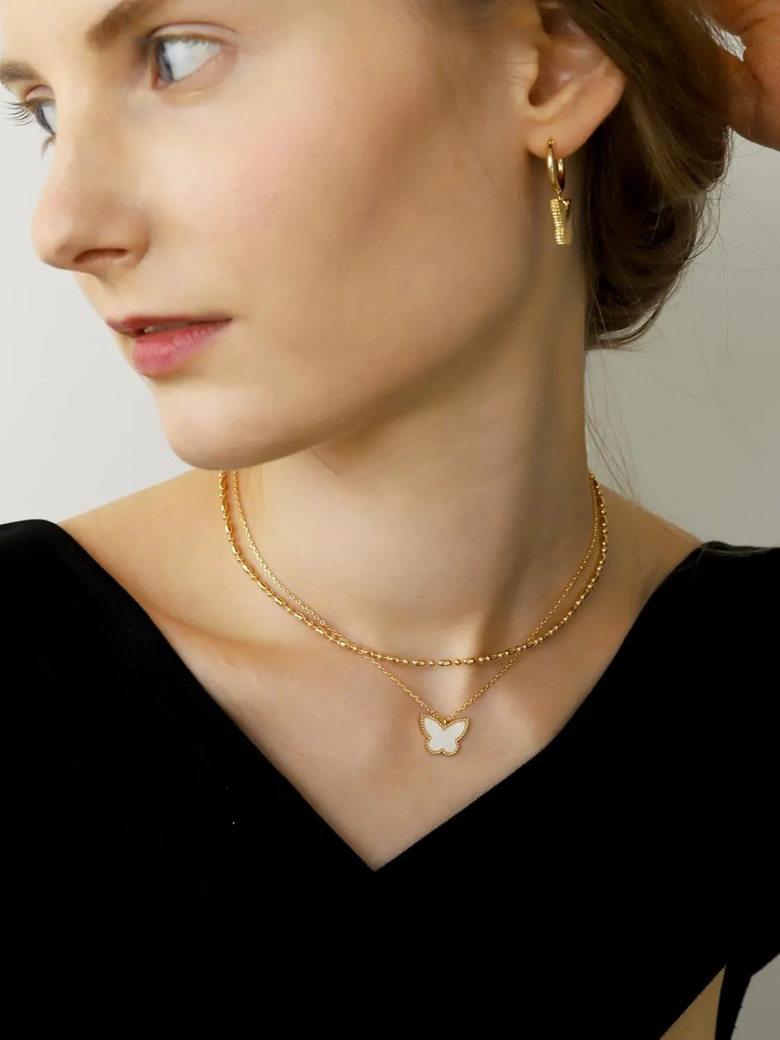 Layered Necklaces for Women 14K Gold Plated Dainty Gold Necklace Lucky Clover Heart Butterfly Pendant Jewelry Gift