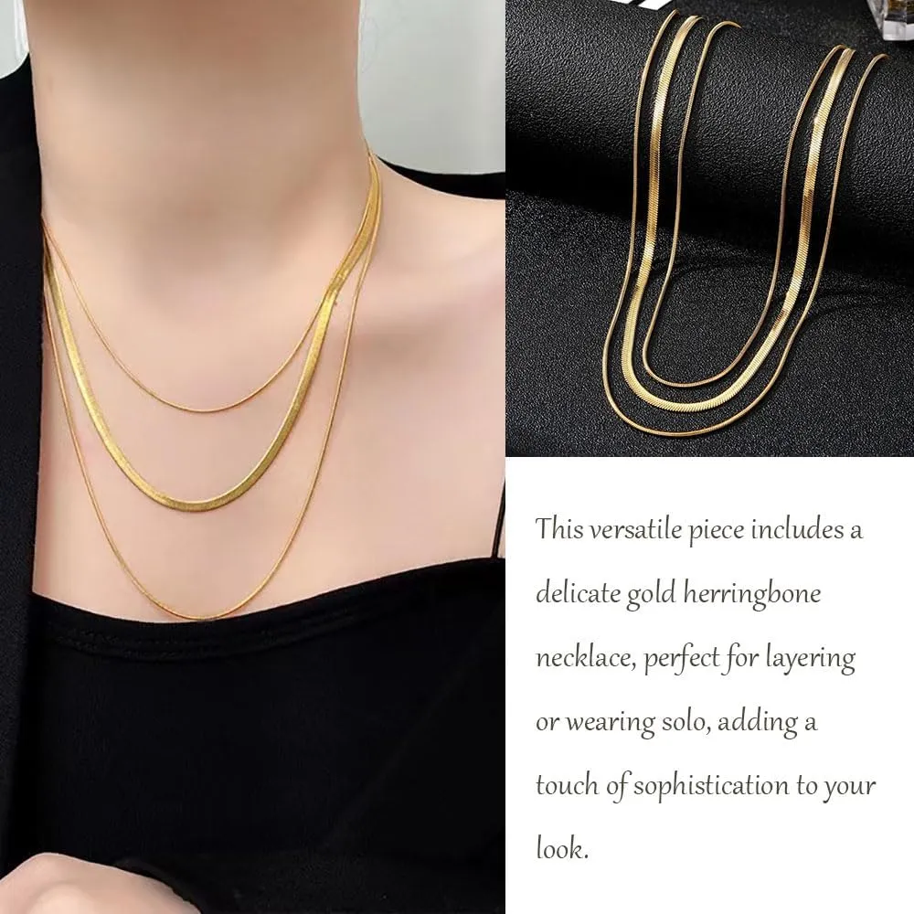 Layered Necklaces for Women Dainty Gold Herringbone Necklace Simple Non Tarnish Gold Stack Necklaces Set Fashion Jewelry for Women