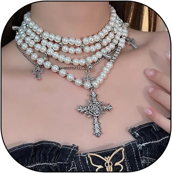Layered Pearl Cross Choker Necklace Set for Women Gothic Stacked Statement Pearls Necklaces Adjustable Crucifix Pendant Necklaces Jewelry Gift