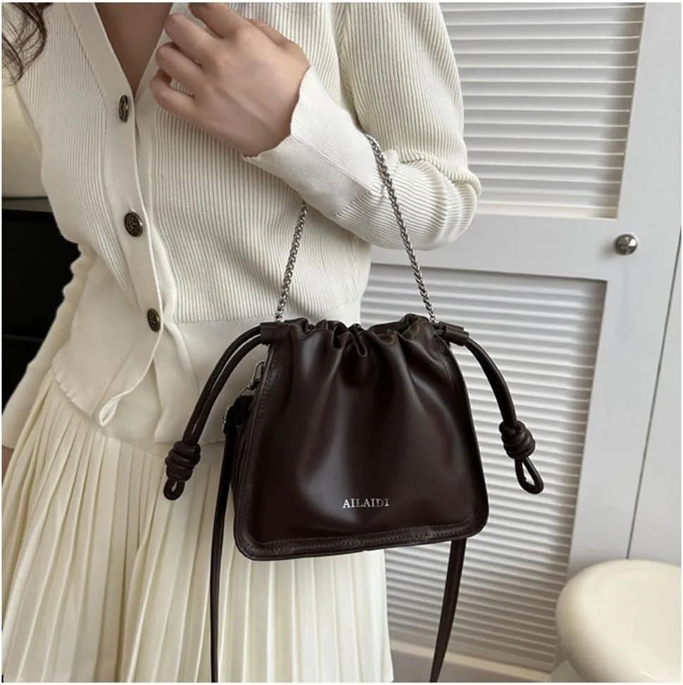 Leather Drawstring Bucket Bag Top-Handle Chain Hobo Crossbody Bucket Handbag Drawstring Bags and Purses