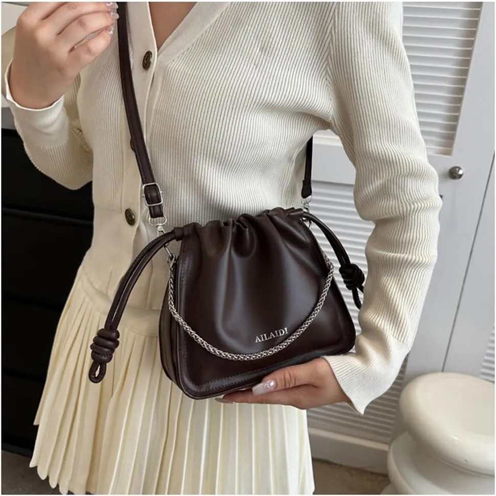 Leather Drawstring Bucket Bag Top-Handle Chain Hobo Crossbody Bucket Handbag Drawstring Bags and Purses