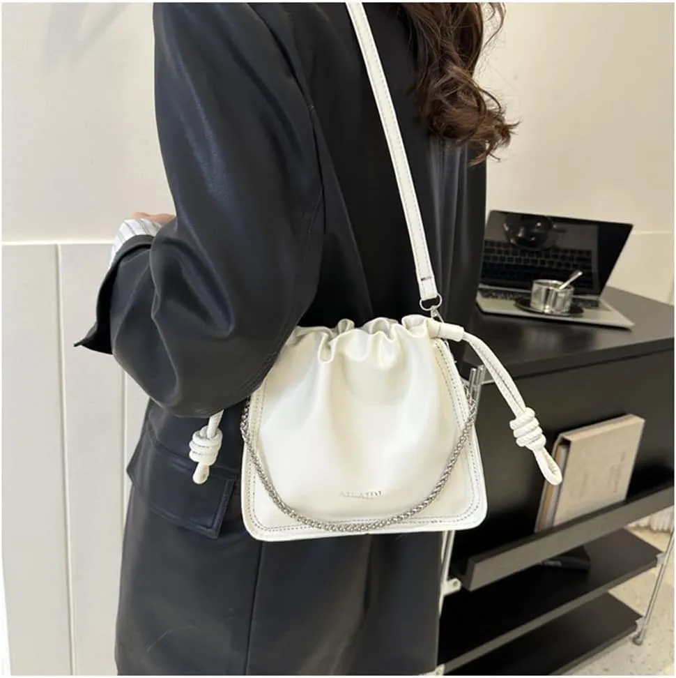 Leather Drawstring Bucket Bag Top-Handle Chain Hobo Crossbody Bucket Handbag Drawstring Bags and Purses