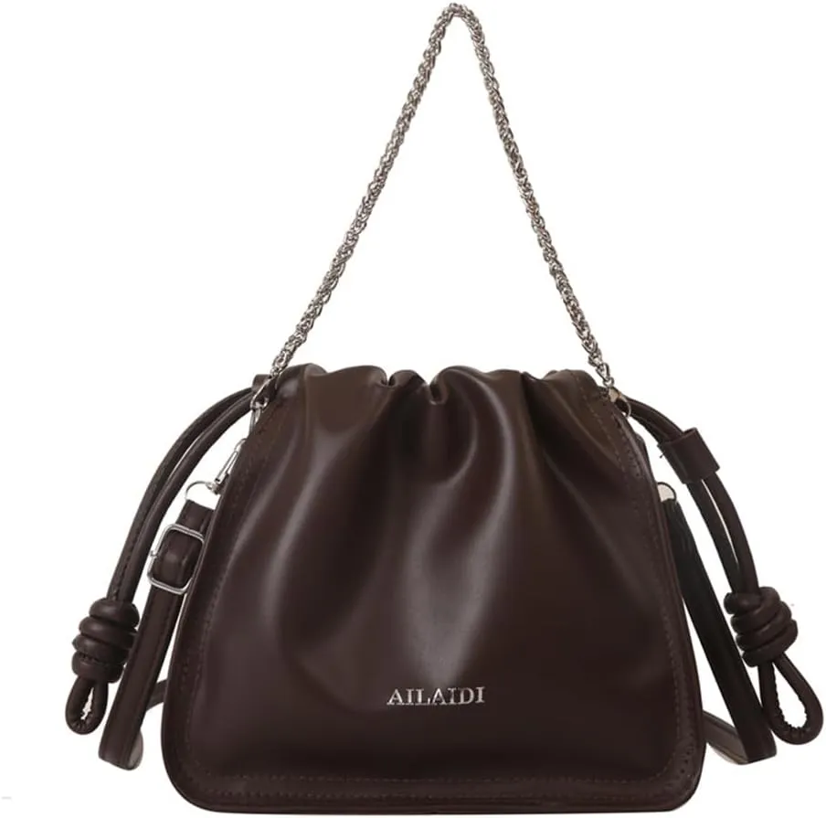 Leather Drawstring Bucket Bag Top-Handle Chain Hobo Crossbody Bucket Handbag Drawstring Bags and Purses