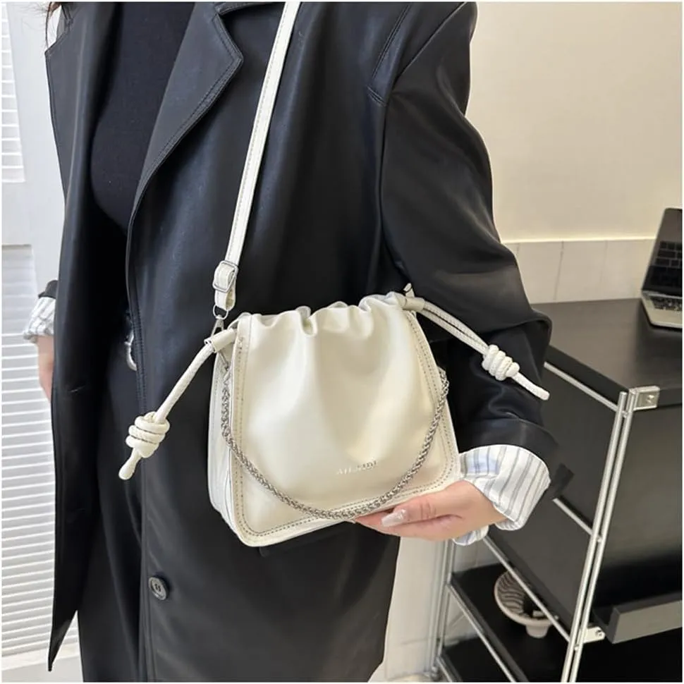Leather Drawstring Bucket Bag Top-Handle Chain Hobo Crossbody Bucket Handbag Drawstring Bags and Purses