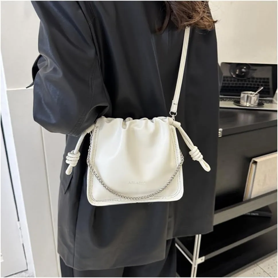 Leather Drawstring Bucket Bag Top-Handle Chain Hobo Crossbody Bucket Handbag Drawstring Bags and Purses