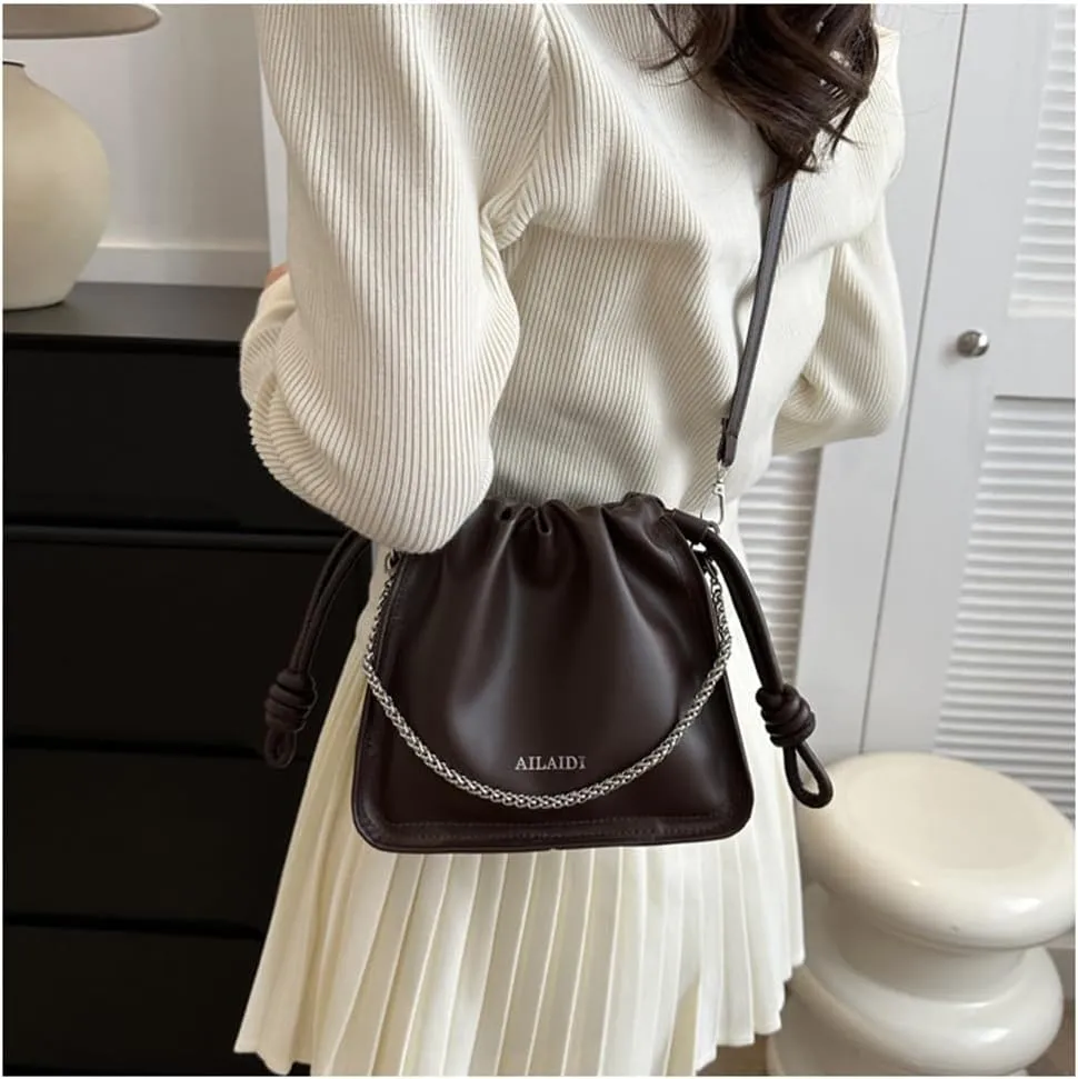 Leather Drawstring Bucket Bag Top-Handle Chain Hobo Crossbody Bucket Handbag Drawstring Bags and Purses