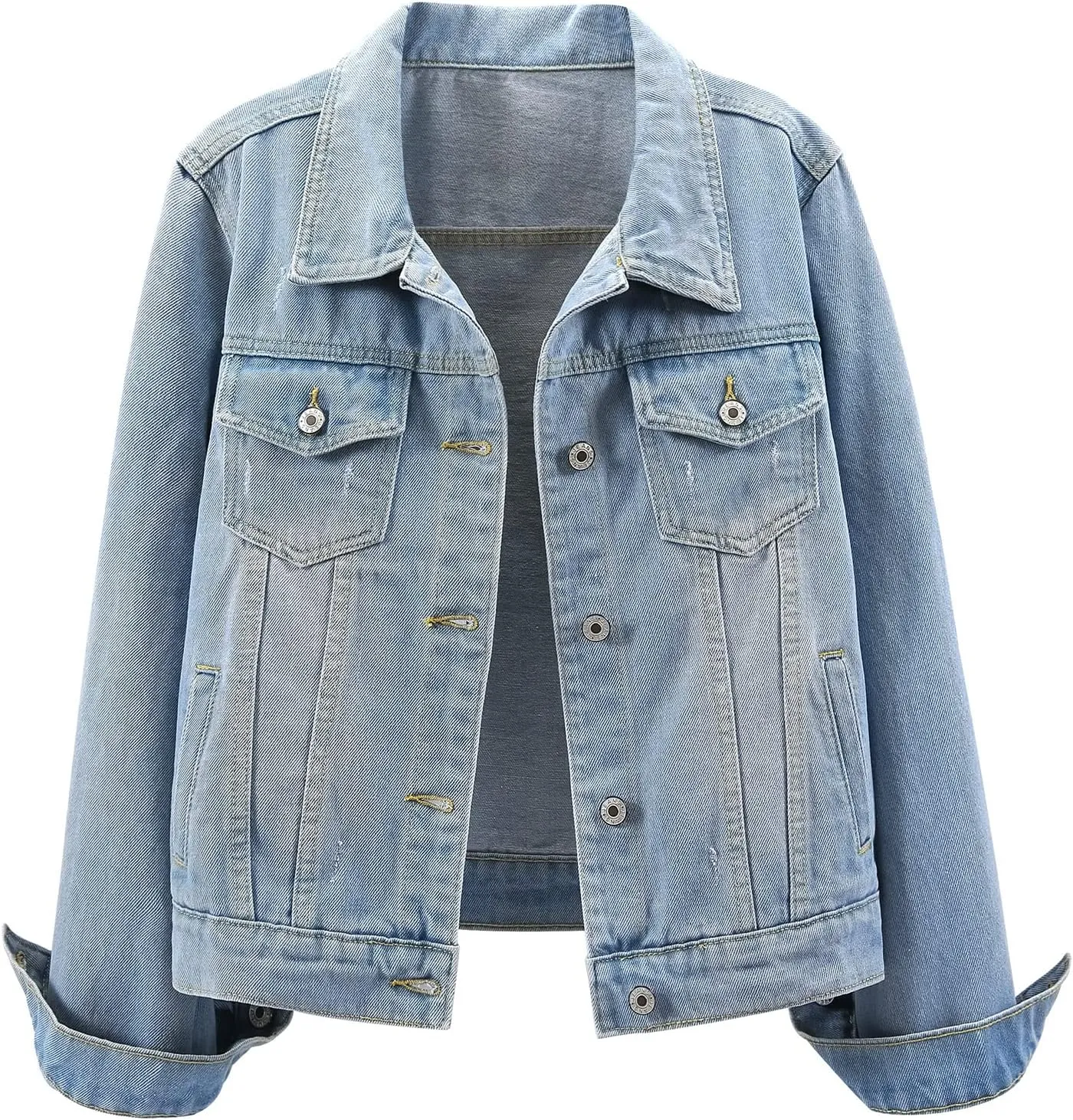 LifeShe Women's Basic Long Sleeve Button Down Distressed Denim Jackets Jean Jacket Coat