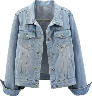 LifeShe Women's Basic Long Sleeve Button Down Distressed Denim Jackets Jean Jacket Coat
