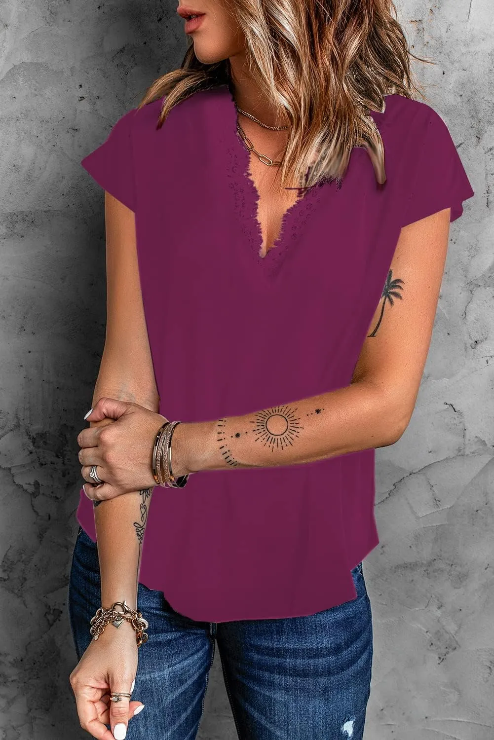 lime flare Dressy Lace Trim Blouse Tops Popular Short Sleeve Shirt
