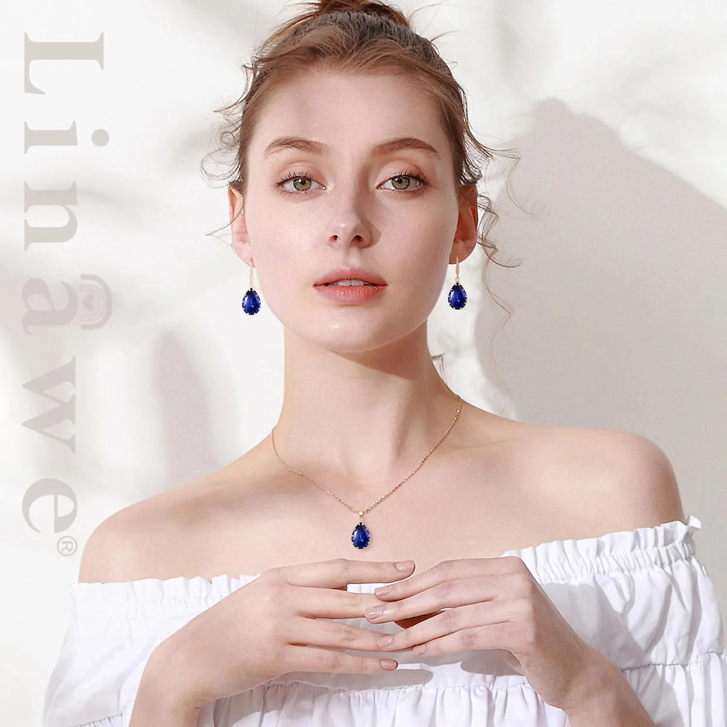 Linawe Crystal Jewelry Sets for Women, Imitation Diamond Pendant Necklace, Rhinestone Drop Dangle Earrings, Birthstone Cubic Zirconia Matching Wedding Jewelry, 14K Gold/Rose Gold/Silver Tones
