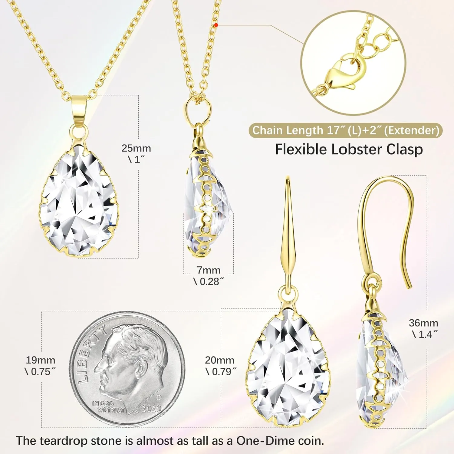 Linawe Crystal Jewelry Sets for Women, Imitation Diamond Pendant Necklace, Rhinestone Drop Dangle Earrings, Birthstone Cubic Zirconia Matching Wedding Jewelry, 14K Gold/Rose Gold/Silver Tones