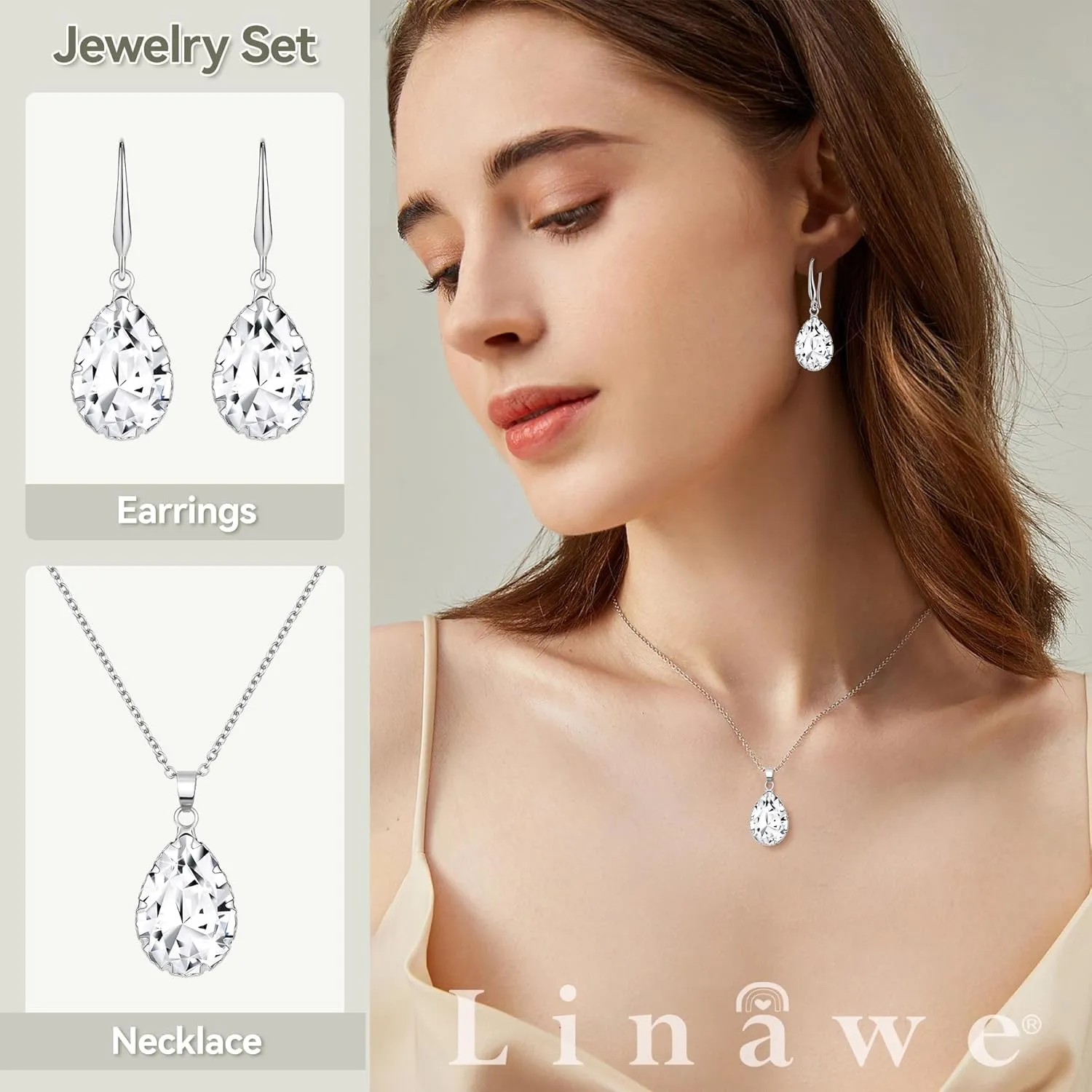 Linawe Crystal Jewelry Sets for Women, Imitation Diamond Pendant Necklace, Rhinestone Drop Dangle Earrings, Birthstone Cubic Zirconia Matching Wedding Jewelry, 14K Gold/Rose Gold/Silver Tones