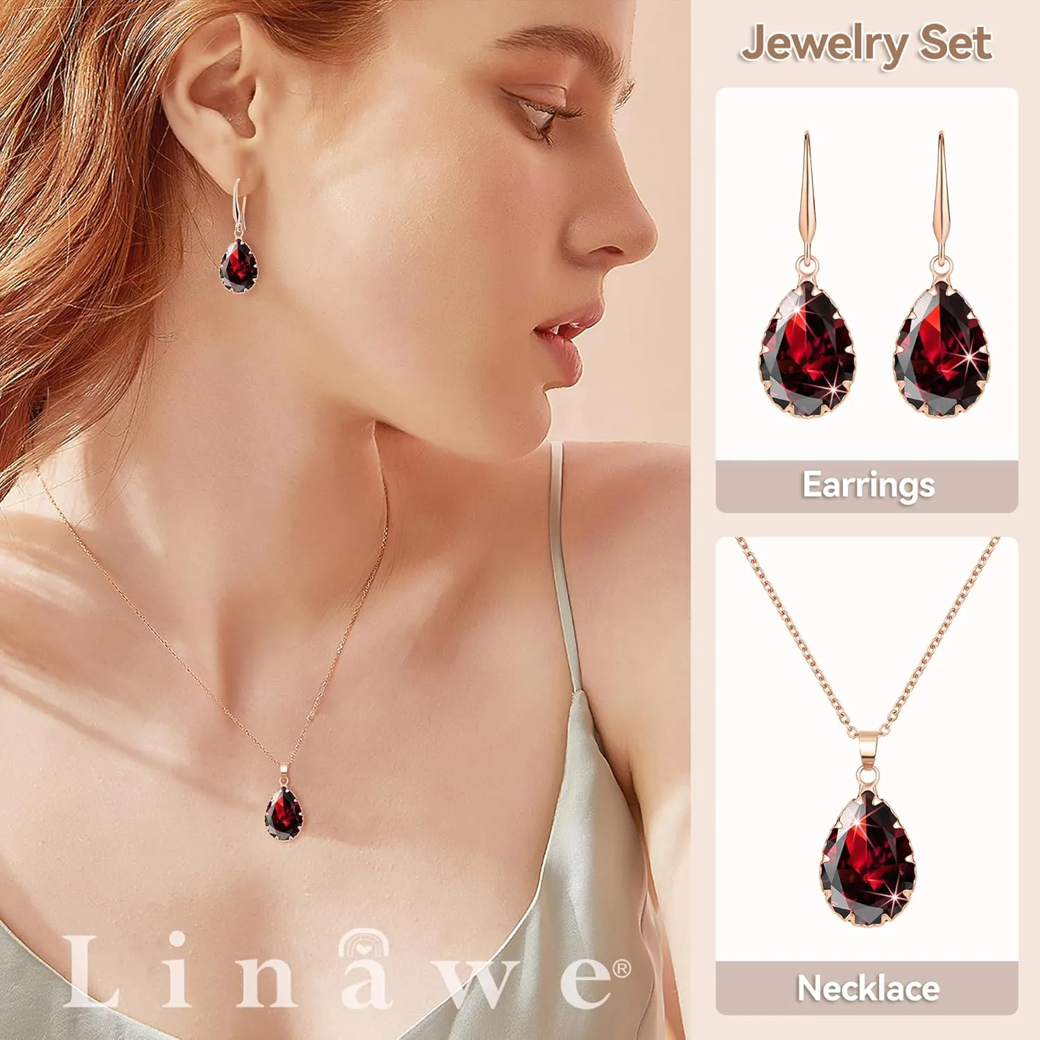 Linawe Crystal Jewelry Sets for Women, Imitation Diamond Pendant Necklace, Rhinestone Drop Dangle Earrings, Birthstone Cubic Zirconia Matching Wedding Jewelry, 14K Gold/Rose Gold/Silver Tones