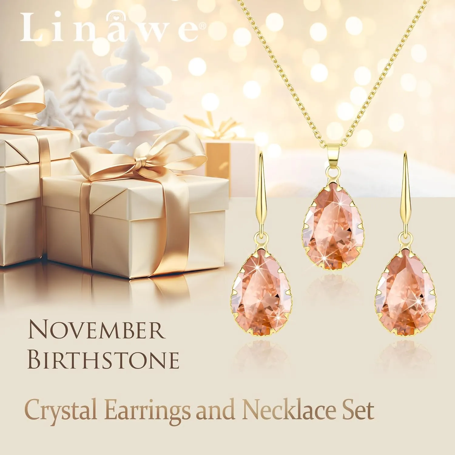 Linawe Crystal Jewelry Sets for Women, Imitation Diamond Pendant Necklace, Rhinestone Drop Dangle Earrings, Birthstone Cubic Zirconia Matching Wedding Jewelry, 14K Gold/Rose Gold/Silver Tones
