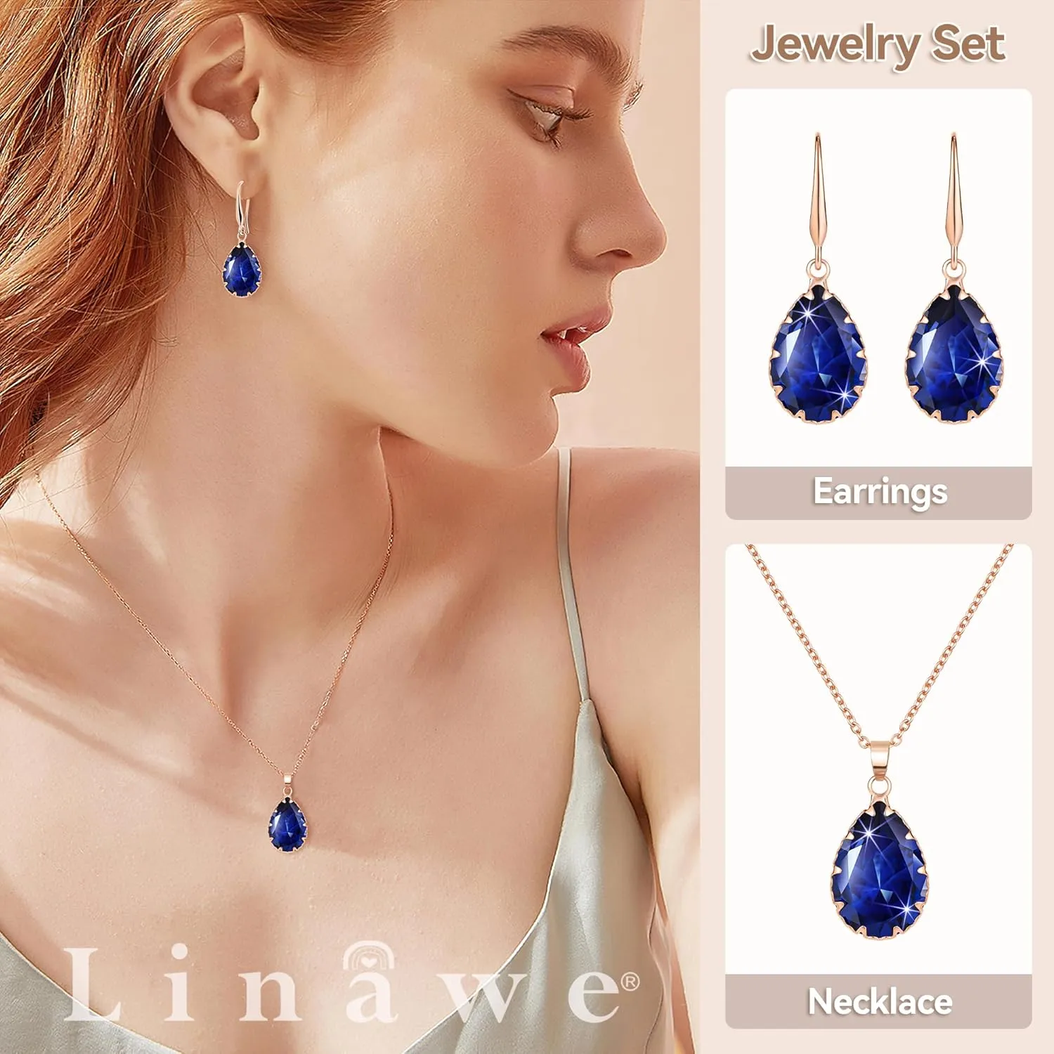 Linawe Crystal Jewelry Sets for Women, Imitation Diamond Pendant Necklace, Rhinestone Drop Dangle Earrings, Birthstone Cubic Zirconia Matching Wedding Jewelry, 14K Gold/Rose Gold/Silver Tones