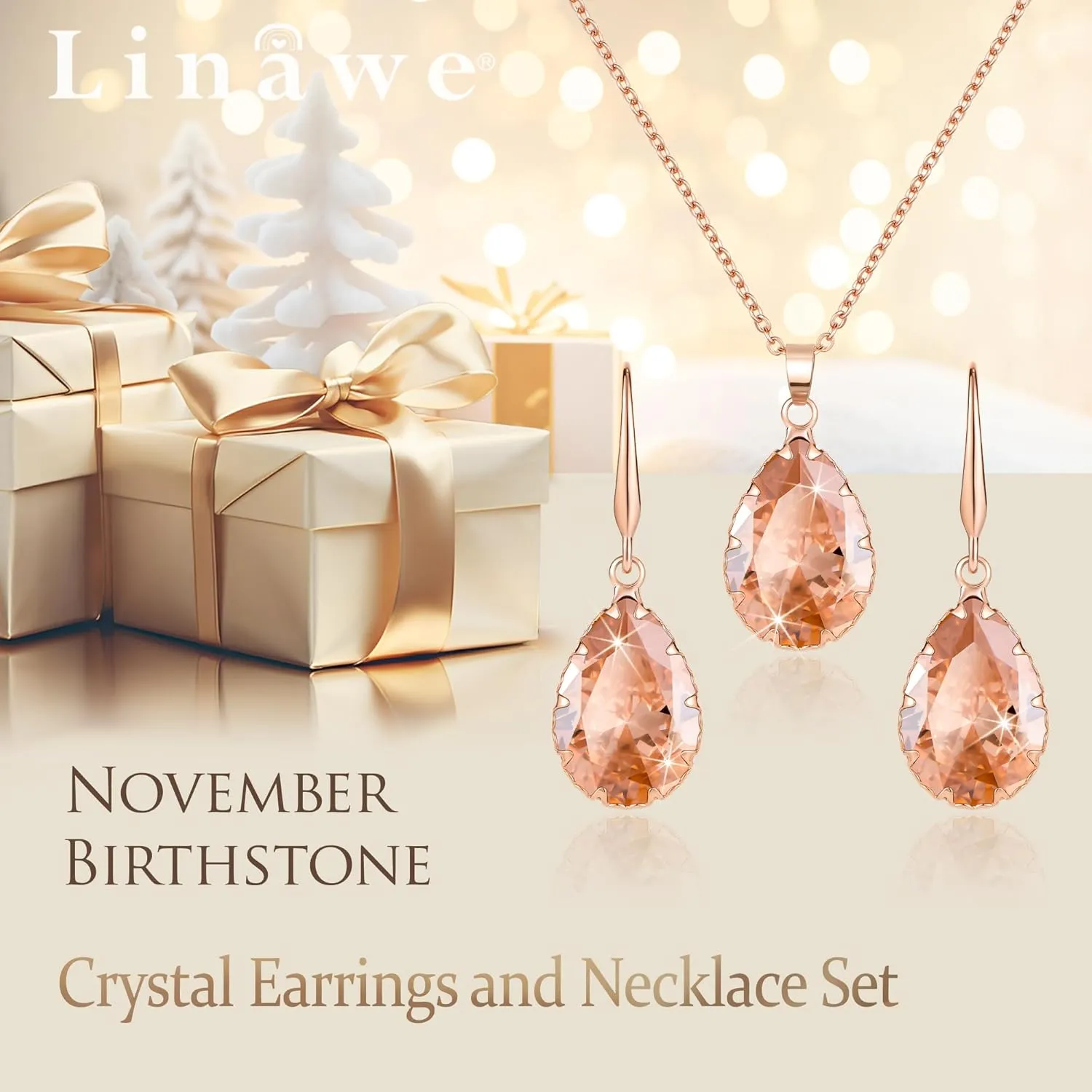 Linawe Crystal Jewelry Sets for Women, Imitation Diamond Pendant Necklace, Rhinestone Drop Dangle Earrings, Birthstone Cubic Zirconia Matching Wedding Jewelry, 14K Gold/Rose Gold/Silver Tones