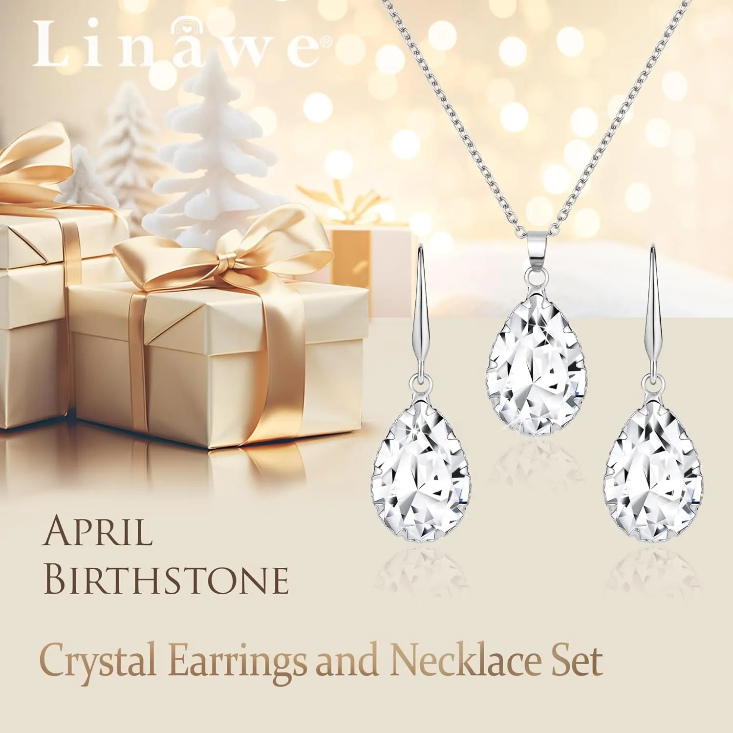 Linawe Crystal Jewelry Sets for Women, Imitation Diamond Pendant Necklace, Rhinestone Drop Dangle Earrings, Birthstone Cubic Zirconia Matching Wedding Jewelry, 14K Gold/Rose Gold/Silver Tones