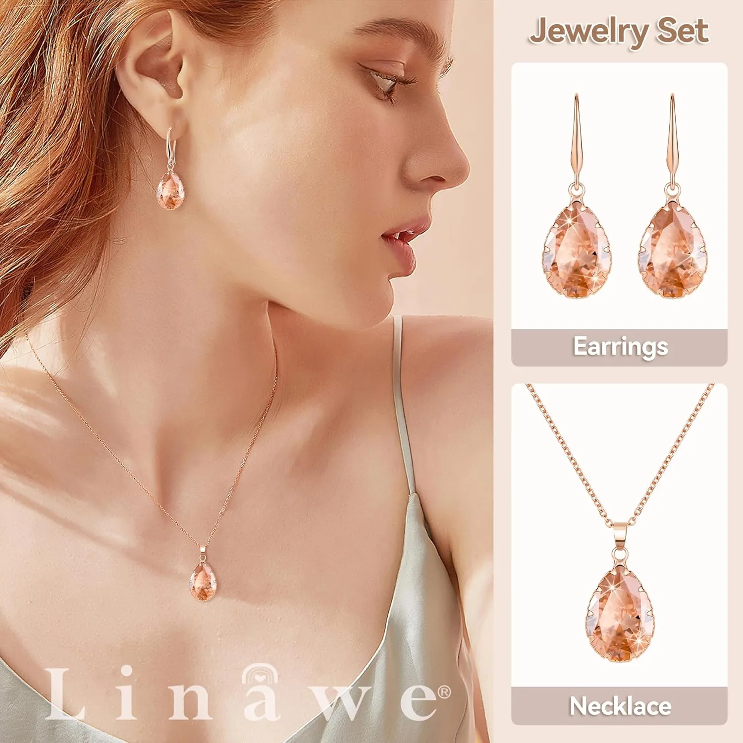 Linawe Crystal Jewelry Sets for Women, Imitation Diamond Pendant Necklace, Rhinestone Drop Dangle Earrings, Birthstone Cubic Zirconia Matching Wedding Jewelry, 14K Gold/Rose Gold/Silver Tones